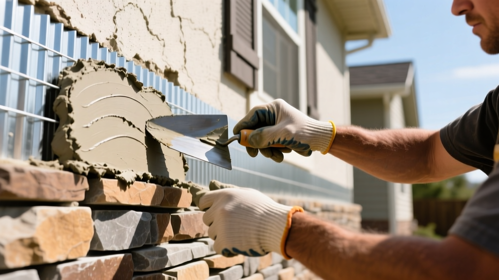Mason troweling Type S mortar onto metal lath attached to an exterior house wall, preparing to install stacked stone veneer panels outdoors