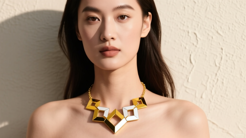 Editorial shot of a model wearing a custom necklace with soldered 18k yellow gold and 14k white gold geometric pendants