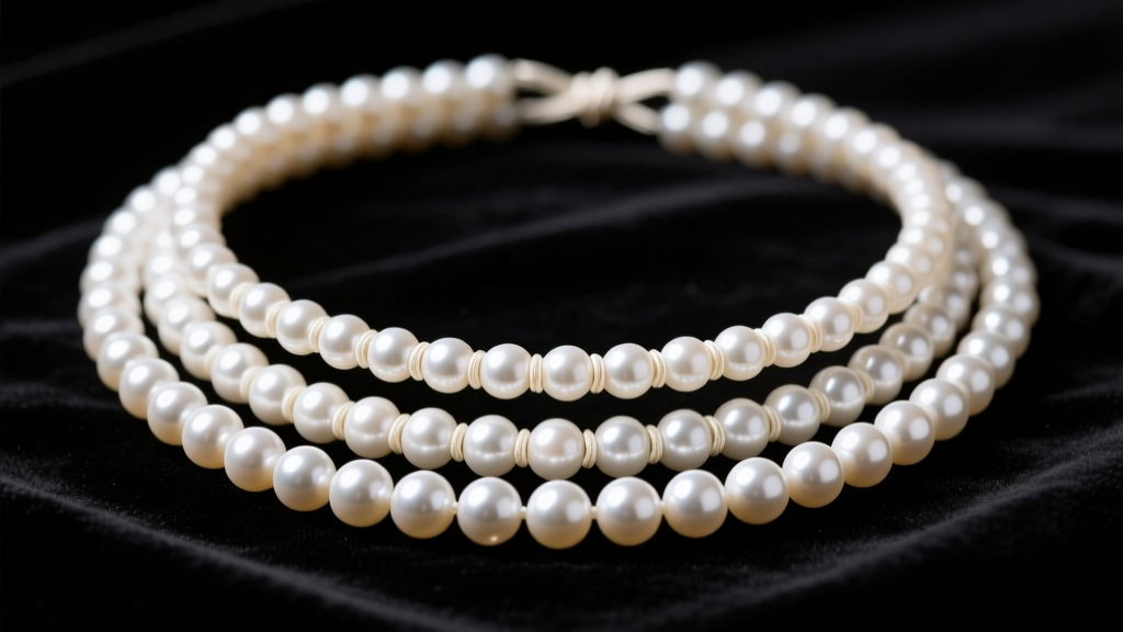 Macro shot of layered white Akoya pearl necklaces on dark velvet showing two-inch length gaps and tight individual silk knots.