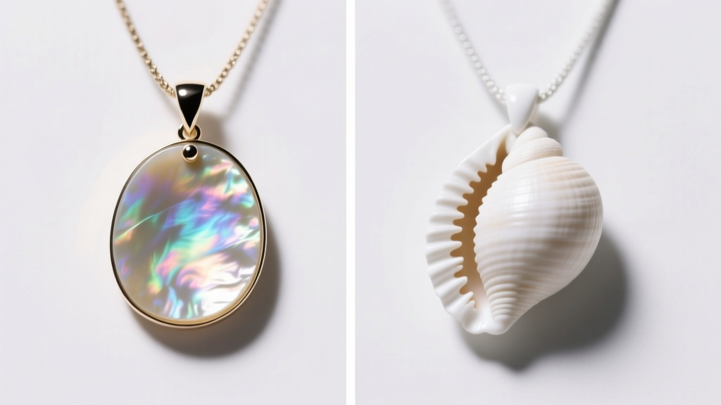 Side-by-side macro comparison of iridescent mother-of-pearl and matte white cowrie shell pendants under bright studio lighting.