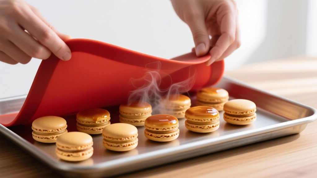 Hands peeling a red platinum silicone baking mat off a hot aluminum sheet pan revealing perfectly baked golden macarons.