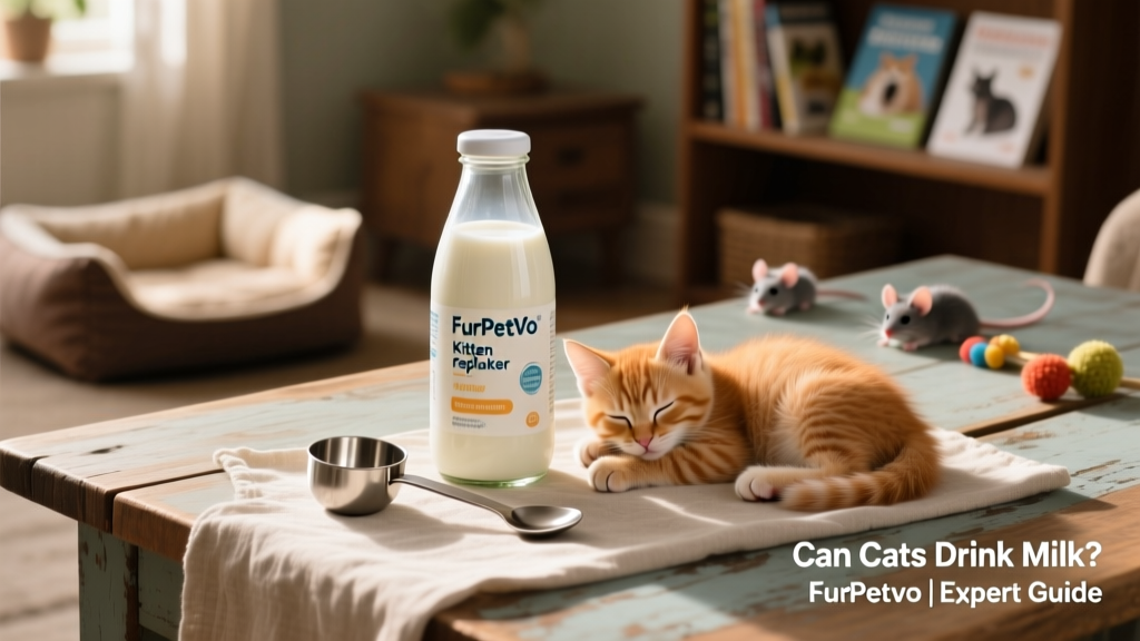 A selection of FurPetVo milk products: kitten replacer, adult lactose-free cat milk, and a measuring spoon