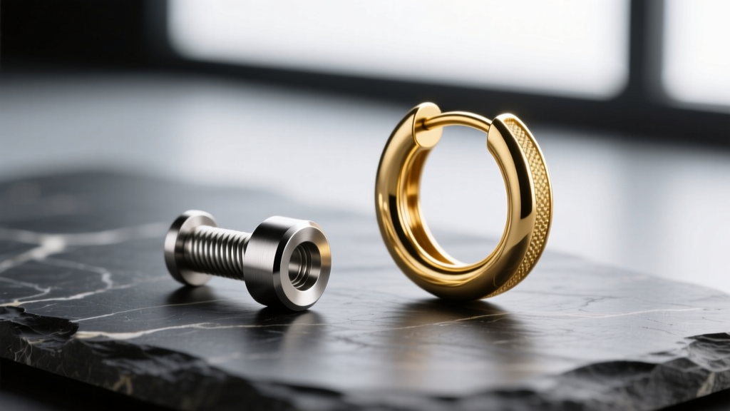 Macro shot of an ASTM F-136 titanium threaded labret stud and a 16-gauge solid gold hoop earring resting on a dark slate surface.