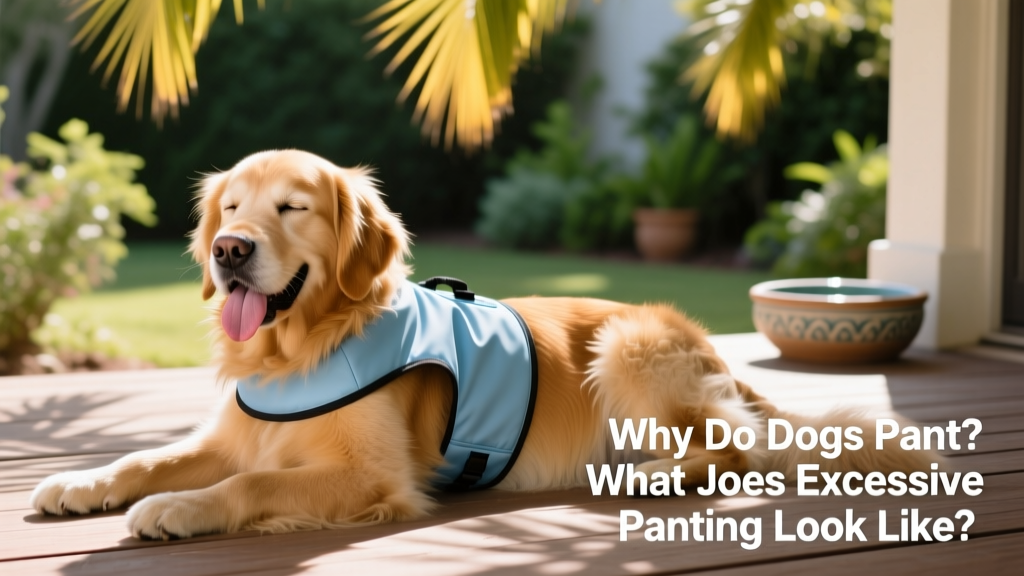 A dog wearing a lightweight, adjustable cooling vest while lounging comfortably on a shaded patio