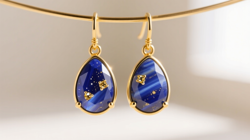 Macro shot of lapis lazuli drop earrings in 14k yellow gold bezels, showing deep blue stones with natural gold pyrite inclusions