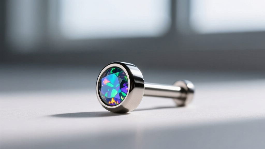 Close-up of an 18-gauge implant-grade titanium threadless labret stud with a small bezel-set opal, ideal for fresh lobe piercings