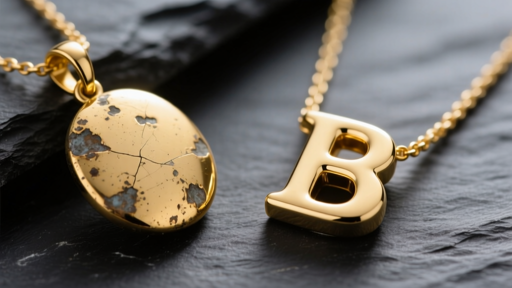 Macro shot comparing a tarnished gold-plated brass pendant beside a bright solid 14k gold letter b necklace on dark slate.