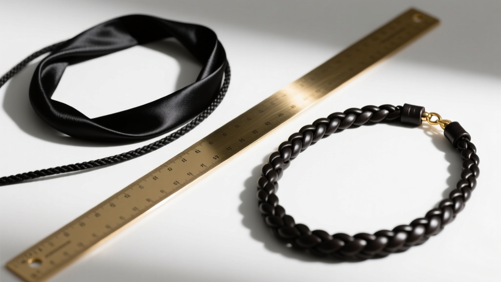 Top-down view of black silk, waxed cotton, and braided leather necklace cords beside a brass ruler, lit by soft studio lighting.