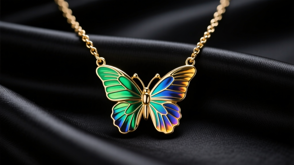 Huge 4-inch cold enamel butterfly necklace on black silk, showing iridescent wings and thick brass chain in moody studio lighting.