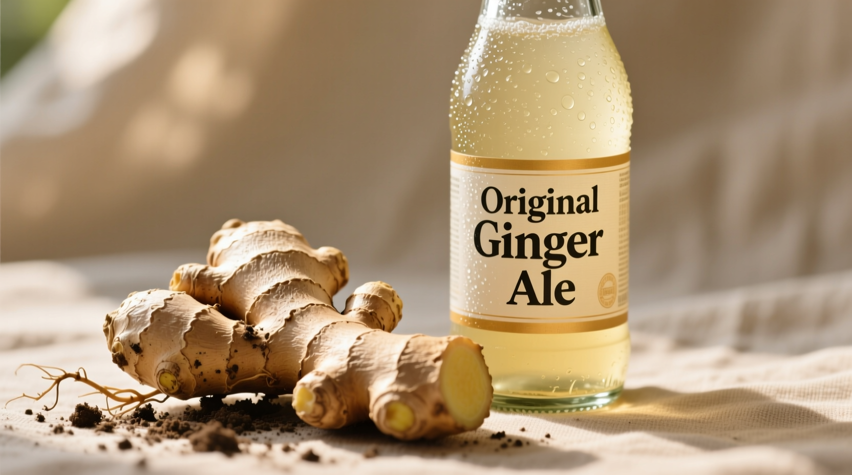 Ginger root and ginger ale bottle comparison
