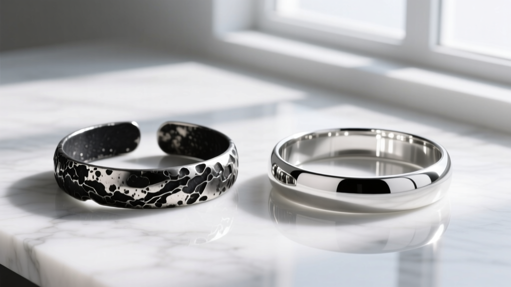 Side-by-side comparison of heavily oxidized blackened silver bracelet and a brilliantly polished silver bracelet on white marble.
