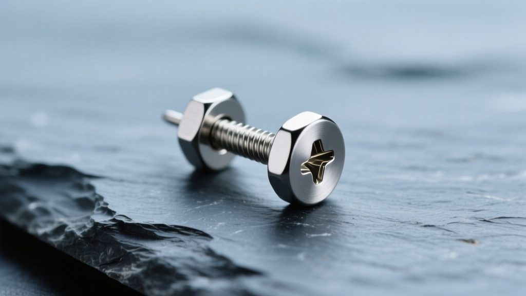 Macro view of a 16g titanium screw back earring on slate, showing precise threading and a locking nut under soft lighting.
