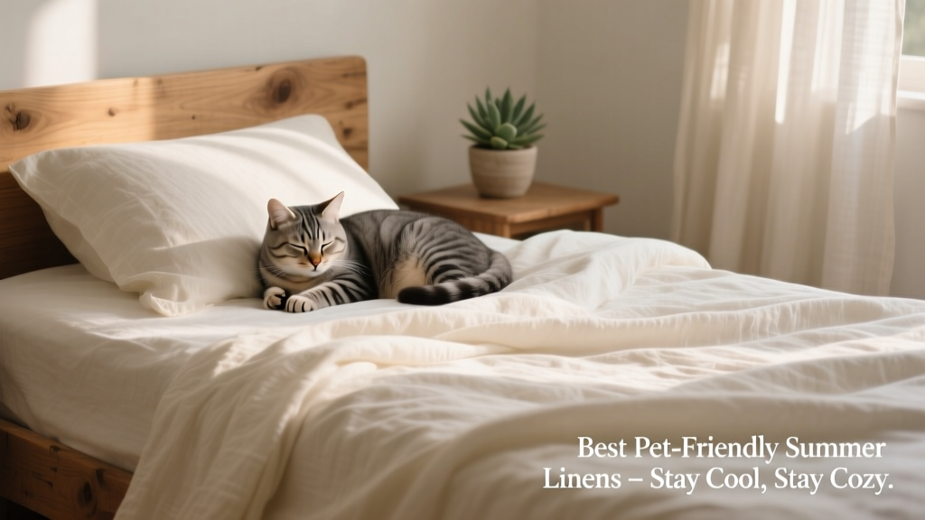 Close-up of textured, airy linen sheets draped over a wooden bed frame, with a cat napping peacefully on the corner