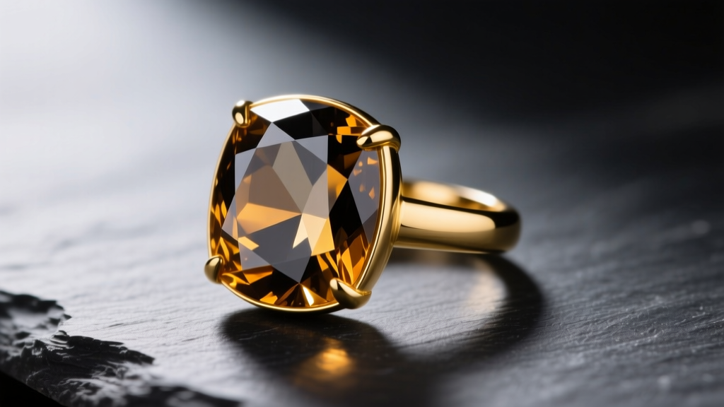Faceted smoky quartz gemstone set in a 14k yellow gold bezel ring on dark slate, illuminated by soft directional lighting