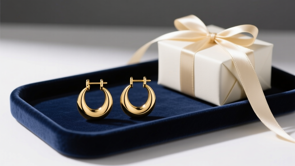 Elegant flat lay of 14k solid gold crescent hoop earrings resting on a dark velvet jewelry tray next to a wrapped gift box and ribbon