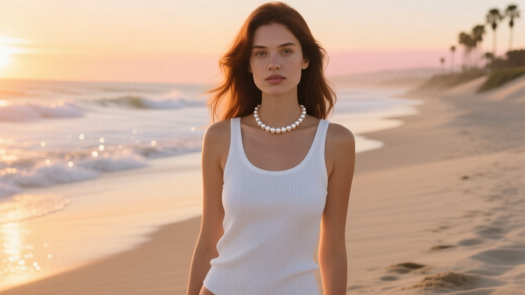 Woman in white ribbed tank top wearing a 16-inch freshwater pearl choker on a sunny California beach during golden hour lighting