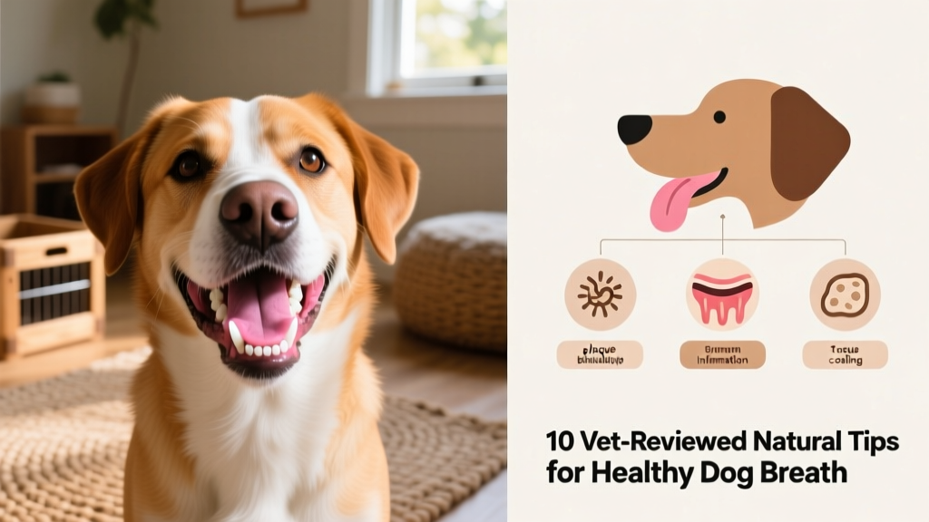 A side-by-side comparison: one dog with visibly clean teeth and healthy gums, next to a diagram highlighting common causes of bad breath like plaque buildup, gum inflammation, and tongue coating