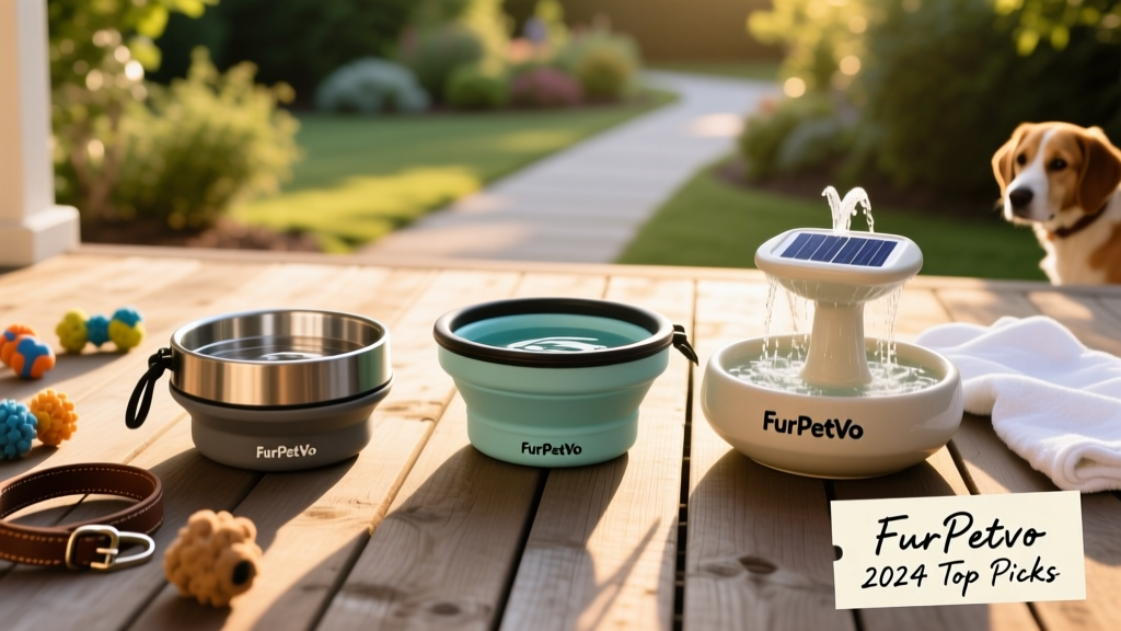Side-by-side comparison of three FurPetVo outdoor bowls on a patio: collapsible, elevated, and solar fountain models