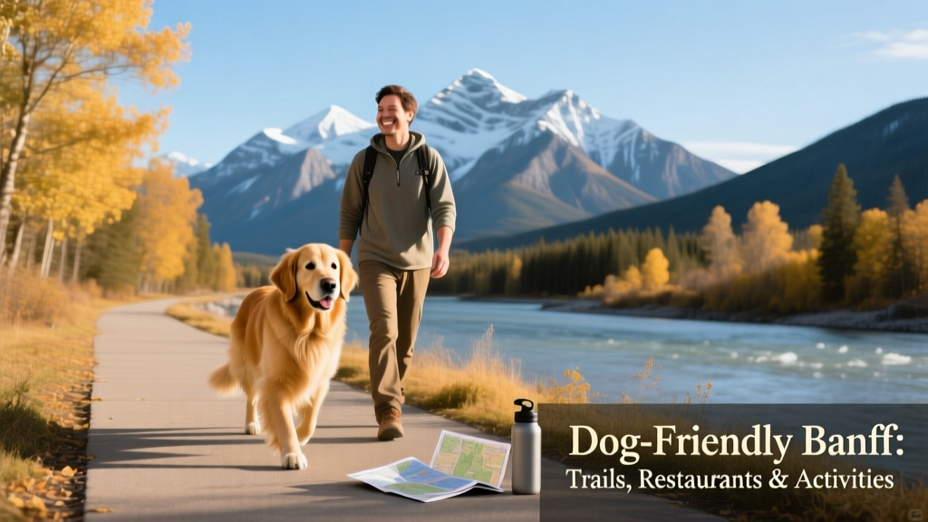 A golden retriever walking calmly beside its owner along a paved riverside path in Banff, with snow-capped mountains in the background