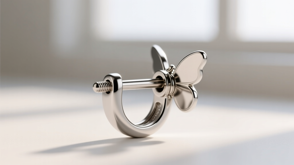 Macro shot of a 20-gauge stainless steel earring post and butterfly back, showing the solder joint on an open circle stud design.