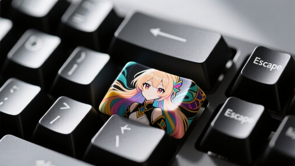 Close-up of a custom mechanical keyboard featuring a highly detailed resin anime character artisan keycap on the escape key