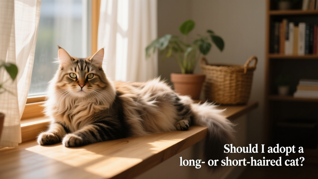 A relaxed domestic longhair cat lounging on a sunlit windowsill, fur soft and well-groomed
