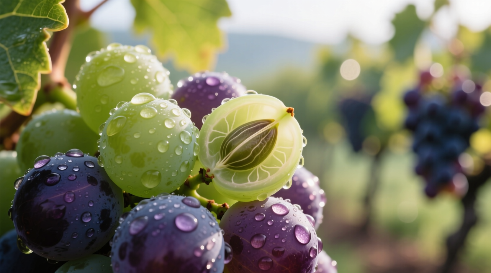 Close-up of grape seeds inside fresh grapes