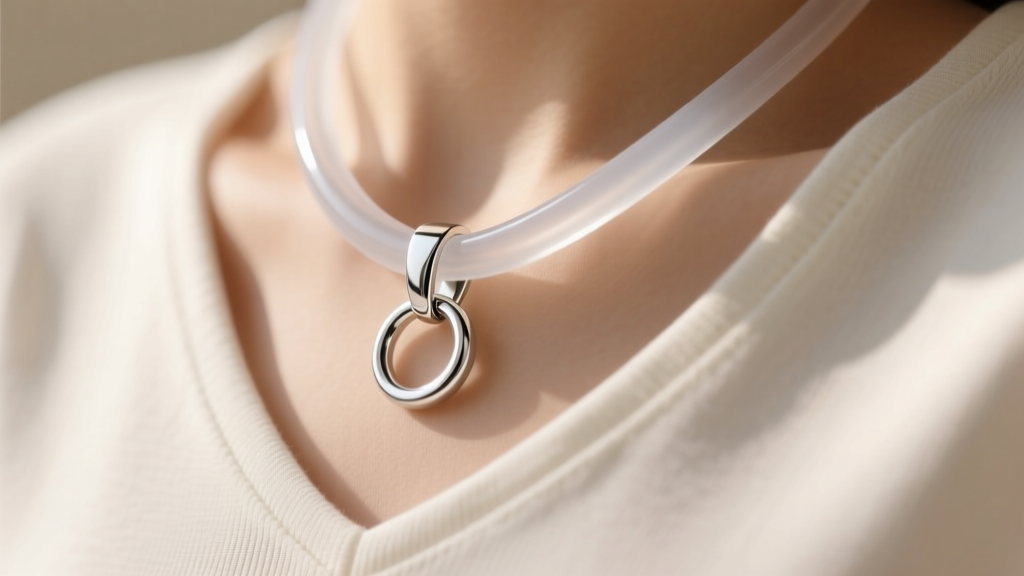 Macro shot of a small clear silicone necklace stay attached to a silver pendant bail, preventing it from flipping on a v-neck tee