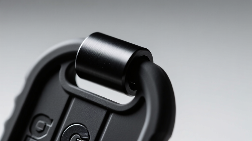 Close-up of a black silicone silencer stretched over the edge of a matte black PVD-coated military tag, showing the snug fit.