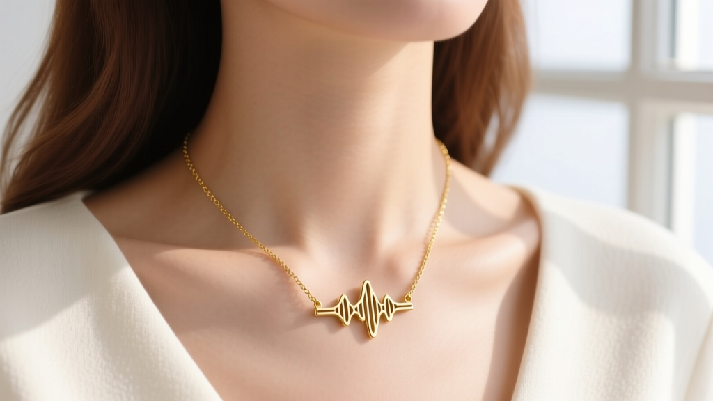 Close-up of a 14k gold personalized soundwave necklace resting on a woman's collarbone, illuminated by soft natural window light