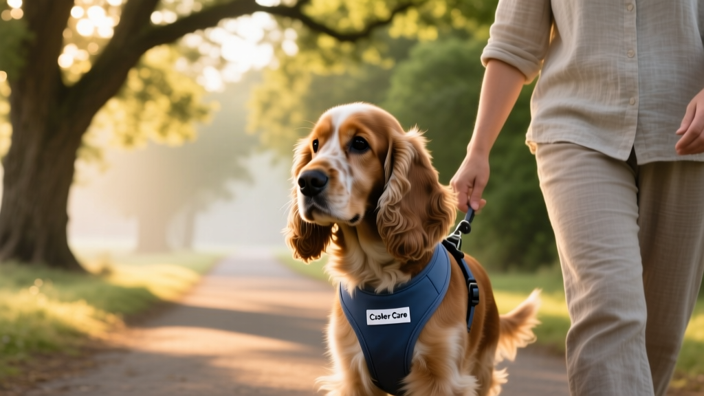 A groomed Cocker Spaniel wearing a lightweight harness, walking calmly beside its owner on a tree-lined path