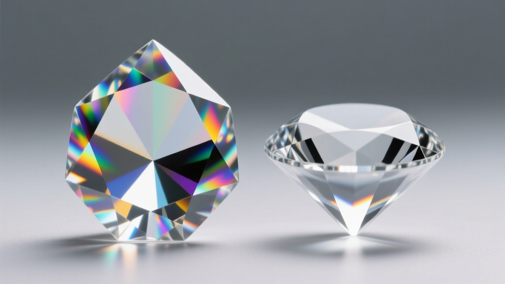 Macro photo comparing a faceted glass crystal and an acrylic rhinestone side-by-side, highlighting differences in light refraction