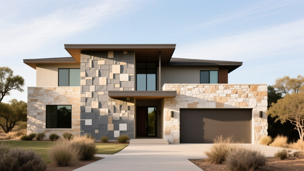 Austin home exterior blending natural Hill Country limestone and manufactured stone veneer on a front facade under bright sunlight