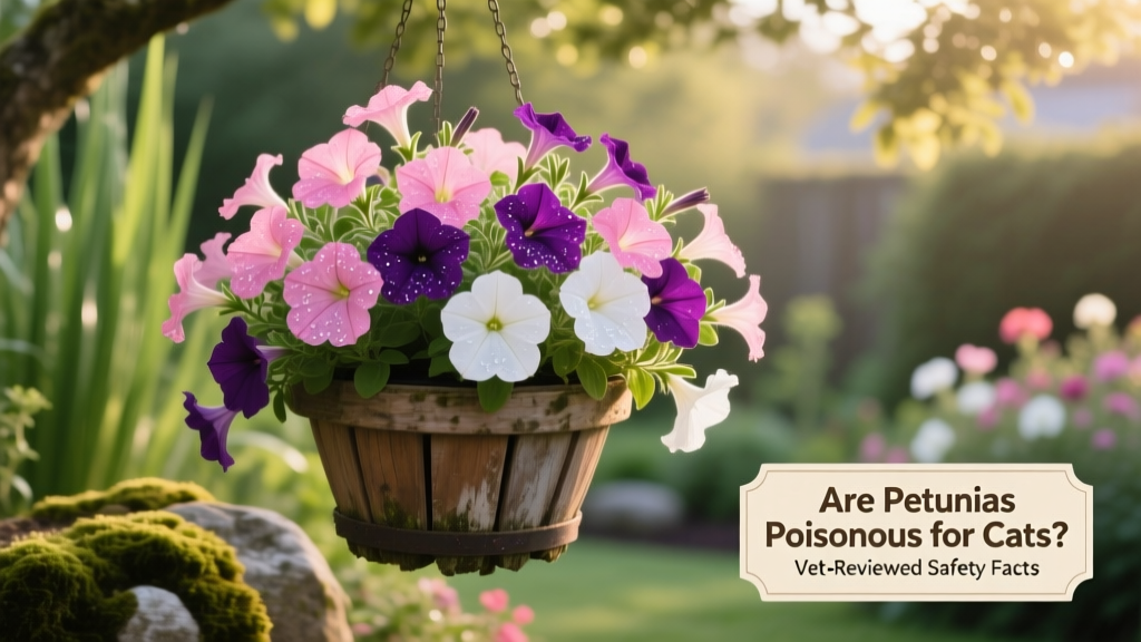 Close-up of healthy petunia blossoms in various colors—pink, purple, white—growing in a hanging basket outdoors