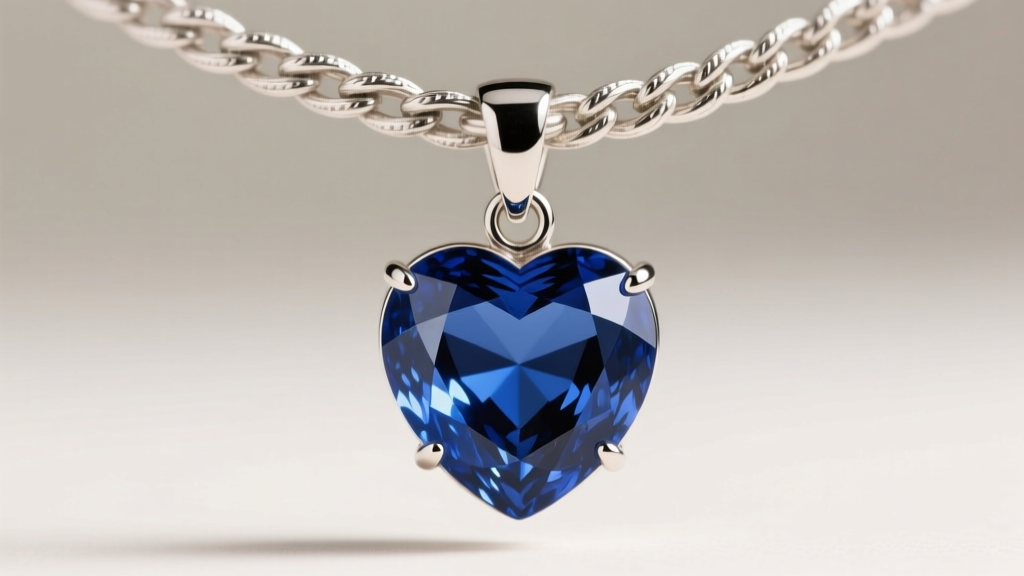 Close-up of a heavy blue sapphire heart pendant on a thick sterling silver wheat chain, highlighting a sturdy soldered jump ring.