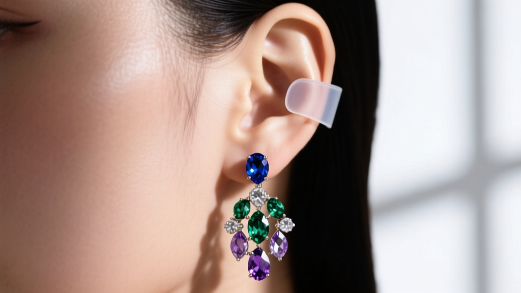 Close-up of an earlobe wearing a heavy crystal chandelier earring supported by a transparent silicone earlobe stabilization patch