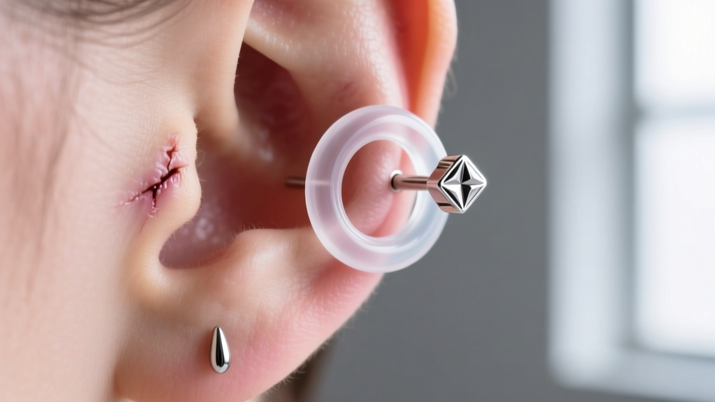 Macro shot of a healed 18-gauge earlobe piercing fitted with a clear silicone support O-ring and a heavy silver drop earring post