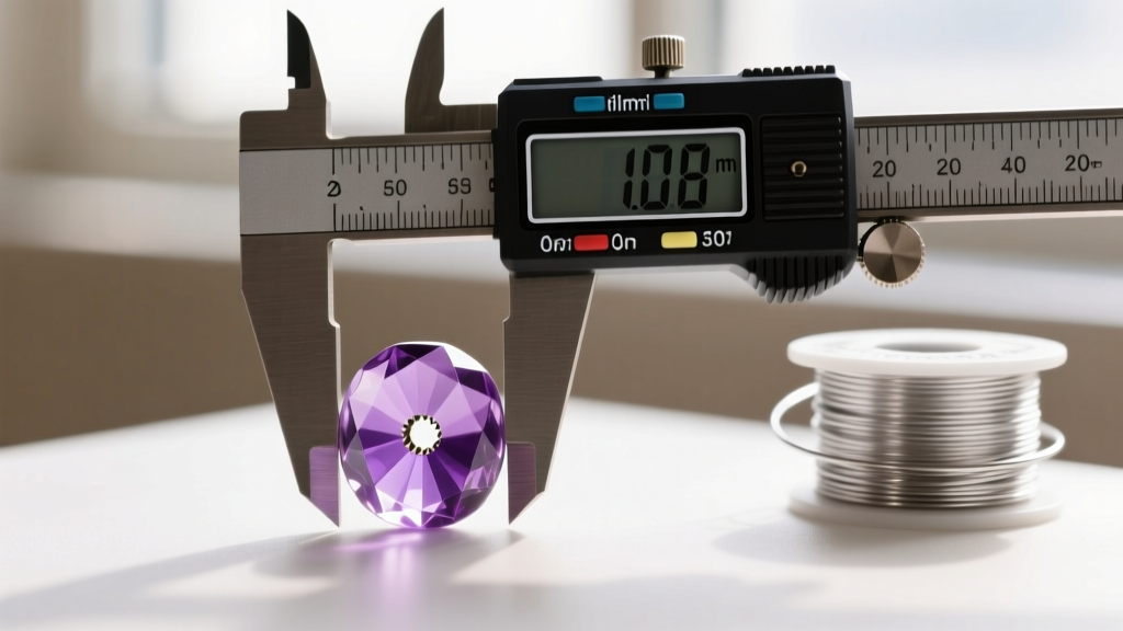 Close-up of digital calipers measuring a 0.8mm drill hole on a faceted amethyst bead next to a spool of 20-gauge niobium wire