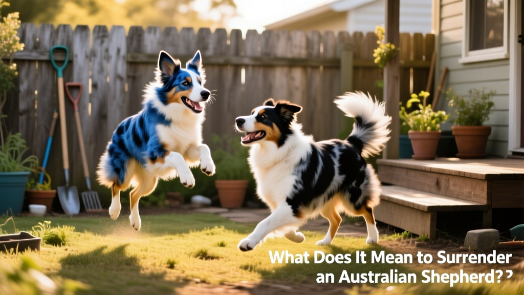 Two Australian Shepherds playing side-by-side in a fenced backyard, showcasing their energy and sociability