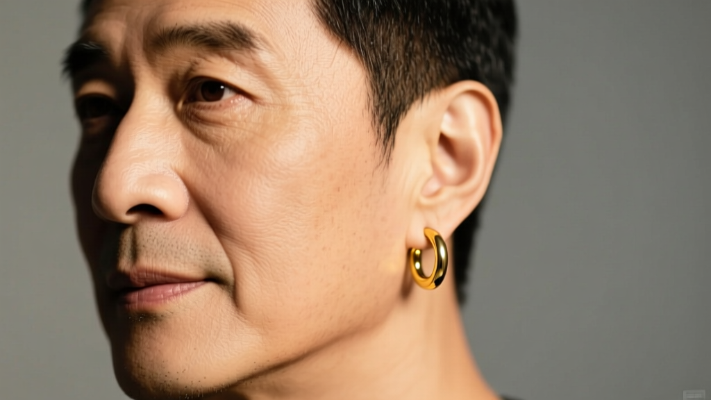 Close-up portrait of a man wearing a minimalist 14k yellow gold huggie hoop earring in his left lobe, studio lighting