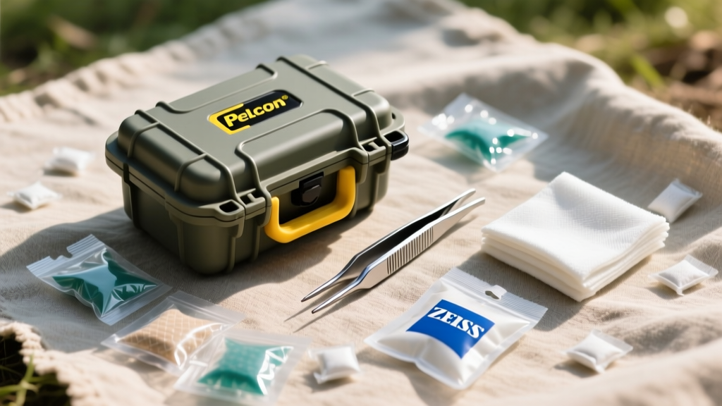 Flat lay of an outdoor tech repair kit including silica gel packets, Zeiss wipes, precision tweezers, and a sealed Pelican case