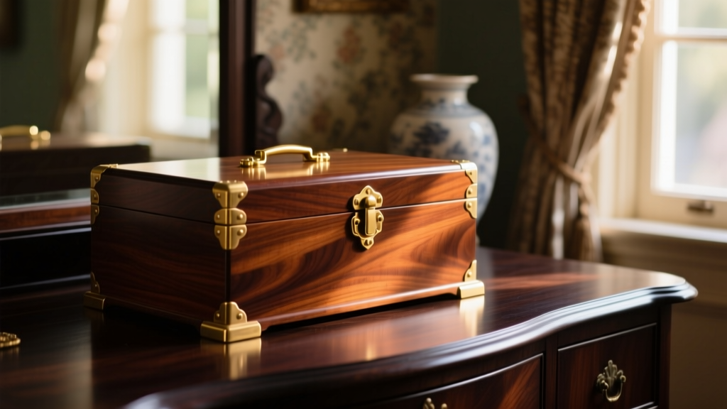 Large vintage mahogany jewelry box with polished brass hardware on a dark wood vanity, bathed in warm, soft morning light.