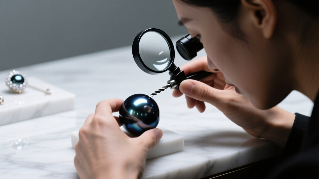 Jeweler examining the drill hole of a dark Tahitian baroque pearl using a loupe under bright, focused LED lighting in a workshop.