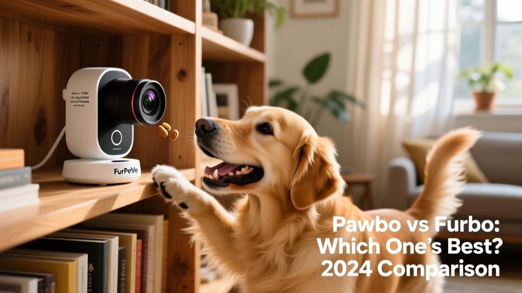 FurPetVo camera mounted on a bookshelf, dispensing a treat toward a happy dog in frame