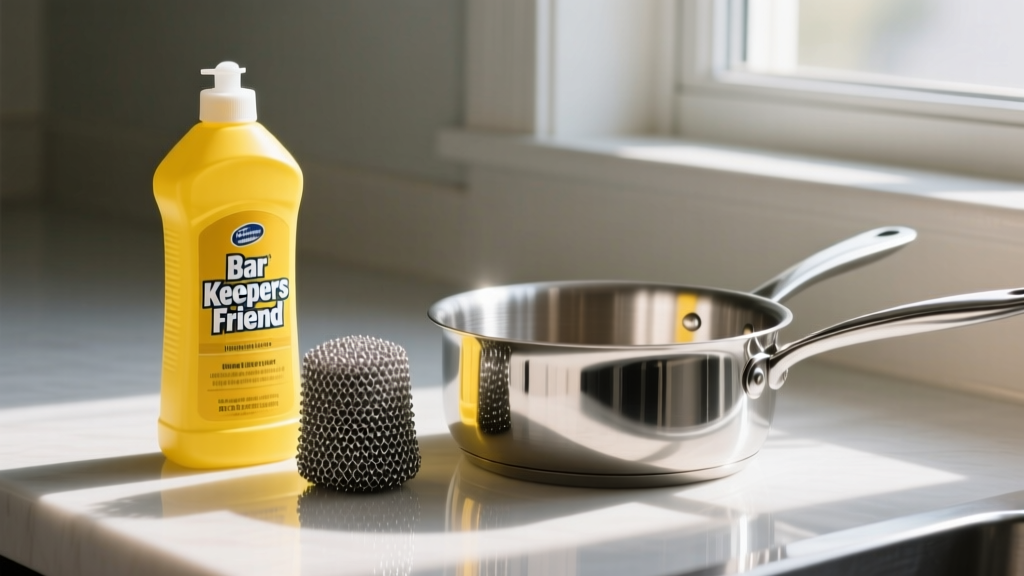 Yellow bottle of Bar Keepers Friend cleanser and a stainless steel chainmail scrubber resting next to a freshly cleaned tri-ply saucepan