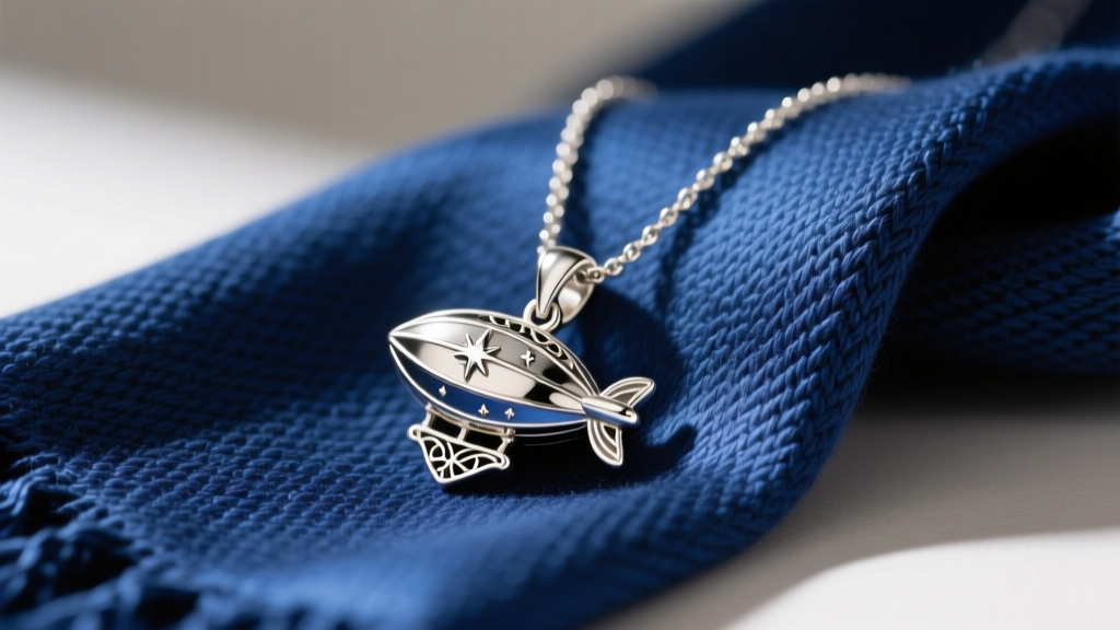 Close-up of a sterling silver Dirigible Plum pendant necklace resting on a textured Ravenclaw blue scarf, soft cinematic lighting