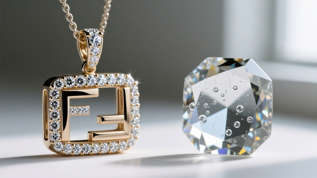 Macro shot comparing genuine Fendi Baguette pendant pave crystals against a counterfeit showing cloudy, uneven glass stones.