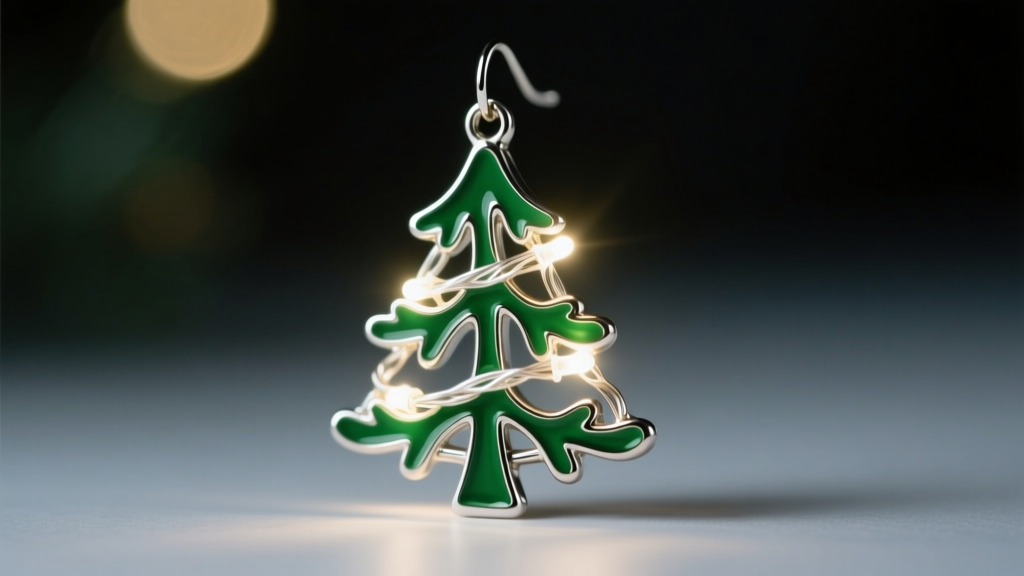 Close-up of glowing LED Christmas tree earrings with warm white fairy lights woven through green enamel branches in dim lighting
