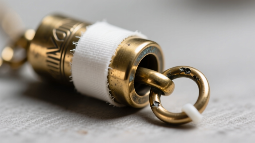 Macro view of a brass pendant bail cap with a degraded O-ring being wrapped in white PTFE tape for a jewelry leak repair.
