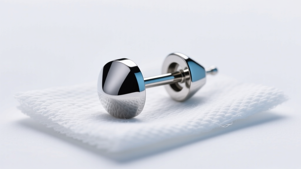 Macro shot of polished titanium earring post on sterile gauze, clinical lighting highlighting its smooth, non-porous mirror finish.